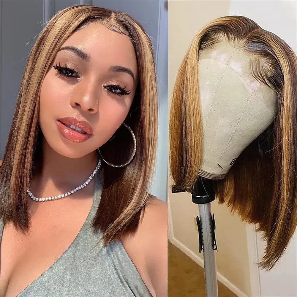 Pre Parted 13X4 Lace Front Bob Wig - 밝은 금발의 짧은 레이스 앞머리 가발,